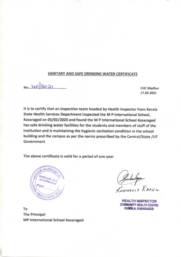 8.Health and Sanitation Certificate MP INTERNATIONAL SCHOOL