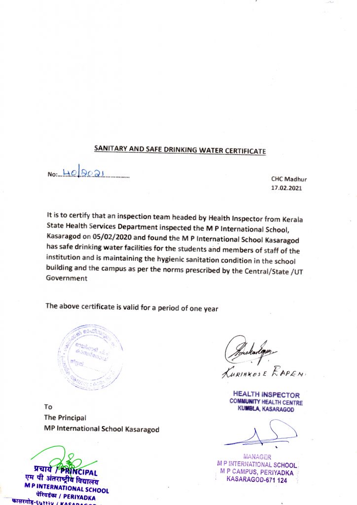8.Health and Sanitation Certificate MP INTERNATIONAL SCHOOL